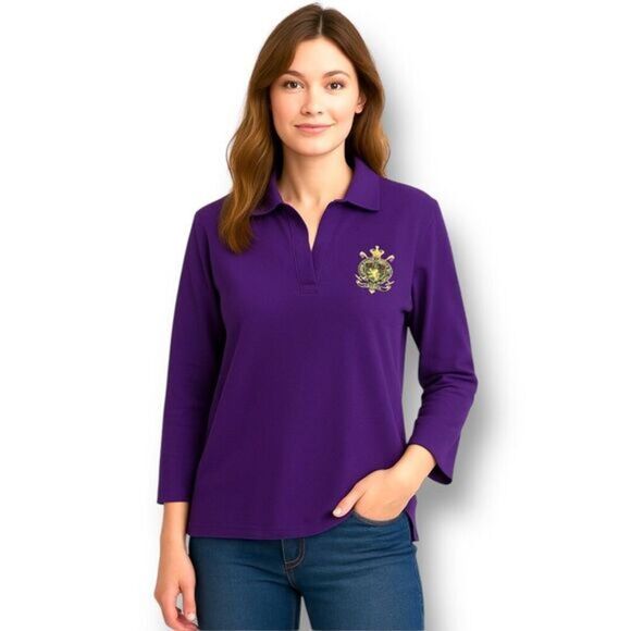 Lauren Ralph Lauren M Purple Embroidered Cotton Polo Top Long Sleeve Y2K Preppy - Picture 1 of 10